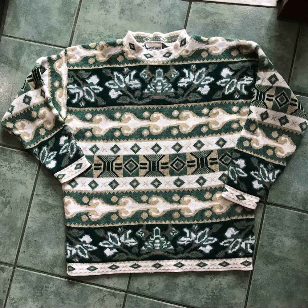 Vtg 80s Retro Abstract Leaf Print Patterned Sweat… - image 1